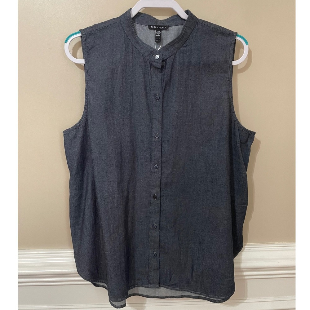 Eileen Fisher XL Organic Cotton Mandarin Collar Sleeveless Denim Shirt NWT